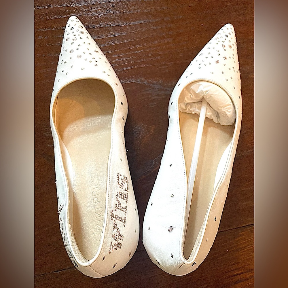 Kiki Price, NYC  “Love Wins" White Leather Pumps w Silver Embroidery Design